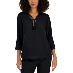 JM Collection Petite Small Black Sequined-Trimmed Y-Neck 3/4-Sleeve Top NWT